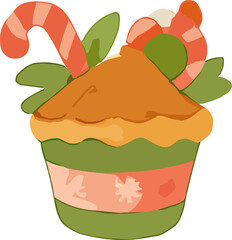 A festive flat-style illustration of a Christmas cupcake decorated with candy canes, green leaves, and holiday colors, symbolizing joy and celebration.