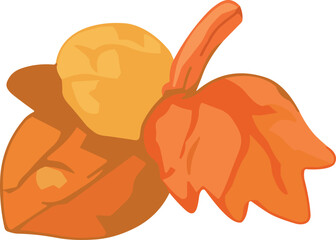 A cozy flat-style illustration of two autumn leaves and an acorn in warm orange and yellow tones, symbolizing the harvest season and fall nature.