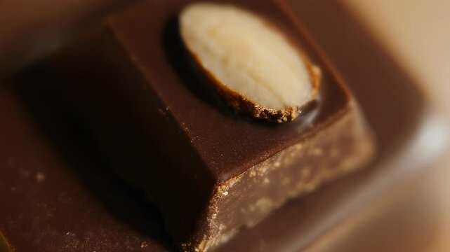 Close-up of a chocolate square with an almond