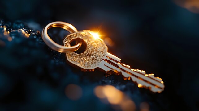 Golden key with sparkles and bokeh light effects on dark background, symbolic representation of success, opportunity and achievement in business concept.