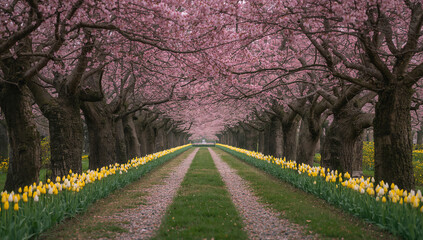 Blooming Tulip Pathway Under Pink Cherry Blossoms Canopy