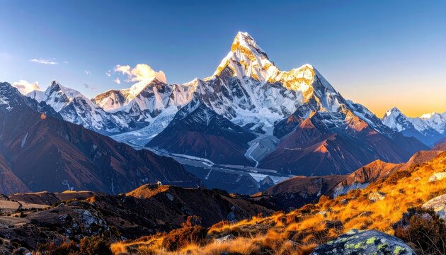 Majestic mountain range with snow-capped peaks and golden sunrise light