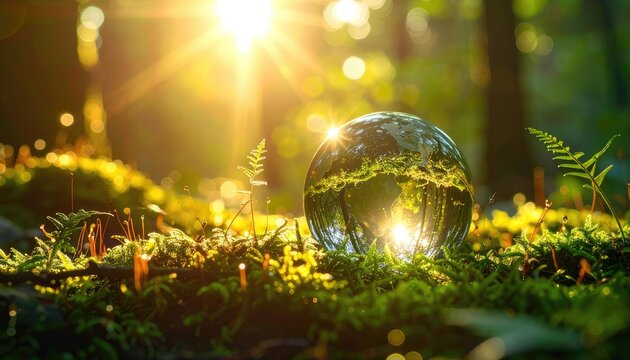 Crystal ball on moss, sunlight bursting. Forest scene, peaceful, nature