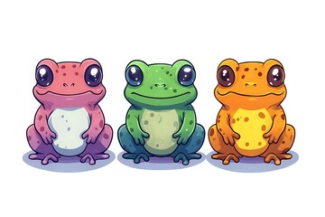 Fototapeta premium Cute colorful cartoon frogs sitting in a row with big eyes and spotted patterns. Pink, green and orange amphibians on isolated background for stickers and children designs.