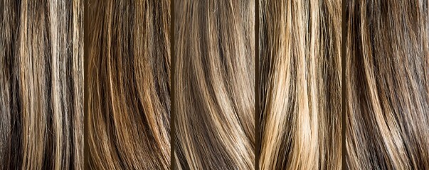 Fototapeta premium Straight brown and blonde hair texture background with natural highlights and lowlights showing detailed strands in panoramic close-up view for beauty and haircare concepts.