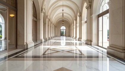 Fototapeta premium Elegant Hallway with Marble Floors and Arched Windows.