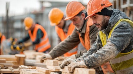 Medium shot of extra builders coordinating and handling tools efficiently supporting project surges in a dynamic construction environment.
