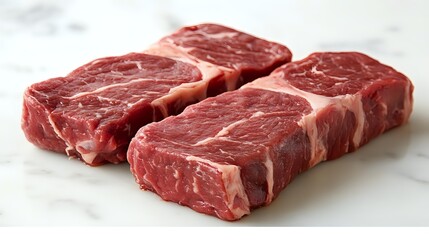 Fototapeta premium Fresh raw marbled beef strip loin steaks with white fat marbling on marble surface, close up view showing meat texture and natural red color for cooking.