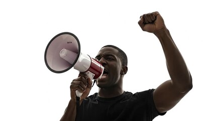 A Black man in a dark shirt shouts into a megaphone raising a clenched fist against a plain white background - Powered by Adobe
