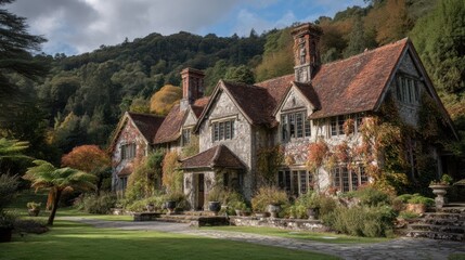A charming stone manor house with ivy-covered walls sits amid lush gardens and trees, nestled at the edge of a forested hillside