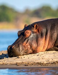 Hippopotamus resting by a river