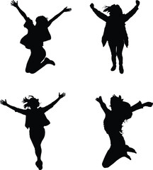 Four Silhouettes of Women Joyfully Jumping with Arms Raised
