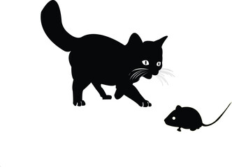 Black Cat Stalking a Mouse Silhouette on White Background