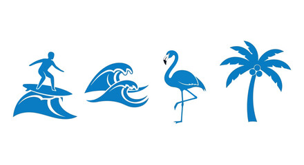 Tropical paradise blue icons featuring surfing waves flamingo and coconut palm tree for summertime