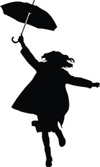 Silhouette of a joyful child with an umbrella, jumping in the air
