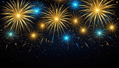 Night sky erupting with golden & blue fireworks, glowing with celebration