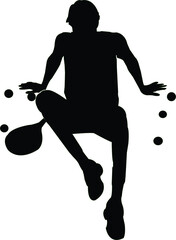 Silhouette of a person juggling balls with a racket