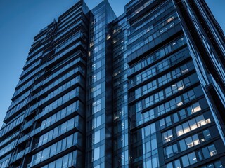 Fototapeta premium Gleaming modern high-rise building with reflective glass facade under a twilight sky
