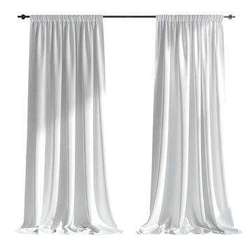 Two white, flowing drapes hang from a dark rod against a stark, black background