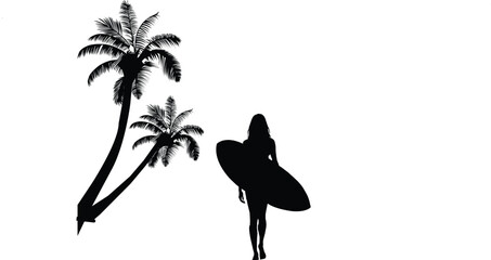 Silhouette of a Surfer Girl with Palm Trees on a White Background