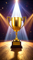 trophy standing on a stage under bright spotlights, symbolizing victory, success, achievement, and award ceremony. Perfect for concepts of winner recognition, leadership, honor, and celebration.
