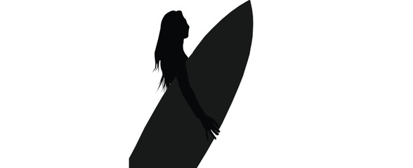Silhouette of a Woman with a Surfboard Against a White Background