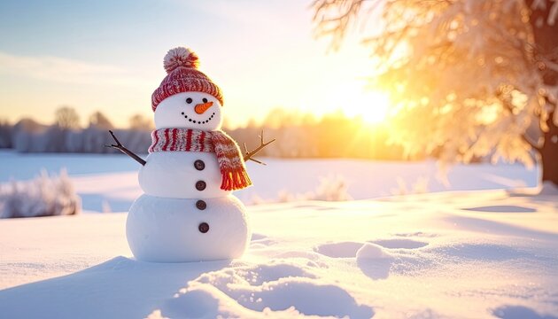 Smiling snowman in a snowy field, bright sun, winter scene