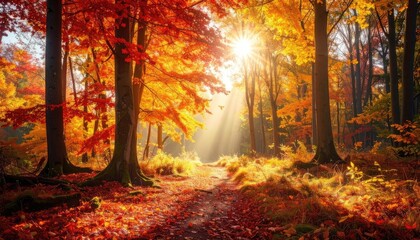 Pathway through vibrant autumn forest with sunlit trees and colorful foliage