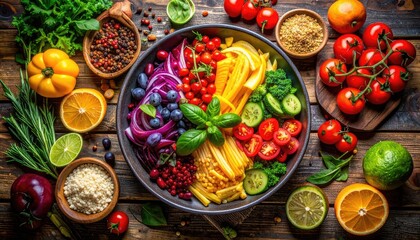 Vibrant bowl filled with fresh, colorful vegetables, fruits, and grains