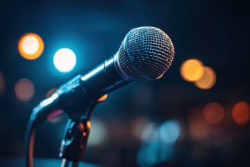 Obraz premium A close-up of a microphone on stage with colorful, blurred lights in the background, suggesting a live performance or event atmosphere