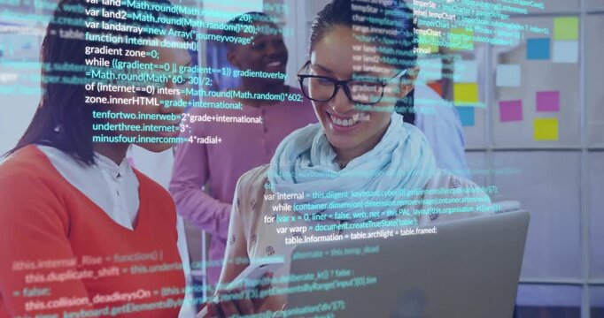 Two women debugging web app on laptop starting scrolling JS code overlay and colleagues observing