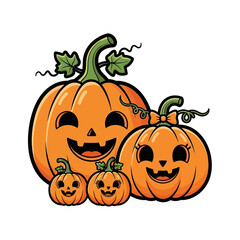 A cute cartoon illustration of a happy pumpkin family, featuring a large, medium, and two small jack-o'-lanterns with smiling faces, perfect for Halloween.