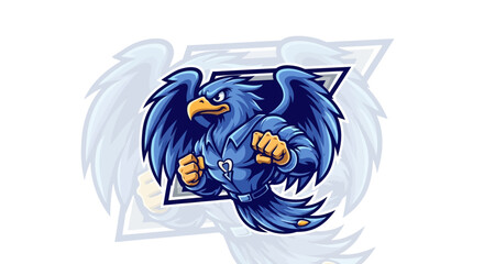 Dynamic blue eagle mascot ready for action with powerful wings spread and fists clenched in a determined stance, perfect for esports teams and sports branding.