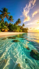 Tropical paradise scene palm trees, white sand beach, crystal-clear water, & sunset