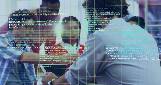 Male angling tablet toward colleagues at table with code and grid overlay expanding for tech review