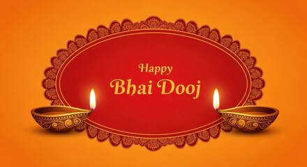 Happy bhai dooj festival celebration with traditional diya lamps and decorative elements