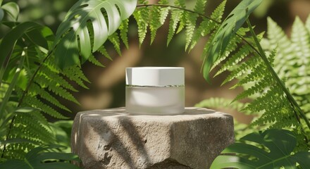 Natural skincare product in lush greenery promoting organic beauty and wellness