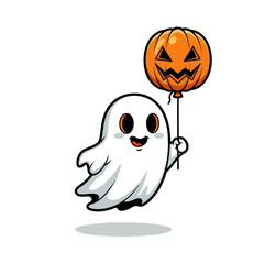 Cute cartoon ghost holding a festive orange jack-o'-lantern balloon, celebrating Halloween with a happy expression.
