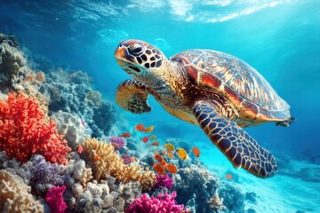 Obraz premium A sea turtle swims gracefully above vibrant coral reefs surrounded by colorful fish in clear blue ocean water