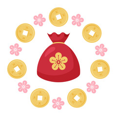 Frame with The Red Fortune Bag Decorated with Coins and Beautiful Flowers, Representing Wealth and Good Luck