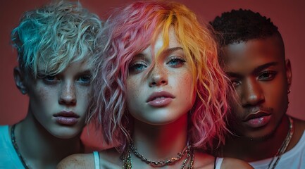 Fototapeta premium Diverse young models with vibrant dyed hair including turquoise and pink tones pose against red background in modern fashion portrait highlighting unique style and beauty.