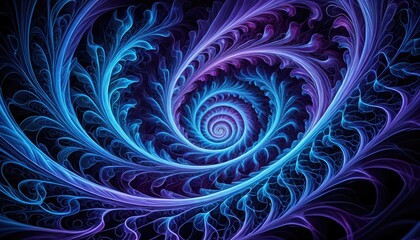 Abstract spiral pattern with blue and purple fractal leaves against black