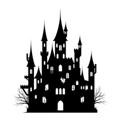 Fototapeta premium Silhouette of a gothic castle with multiple towers, windows, and bare trees, perfect for Halloween.