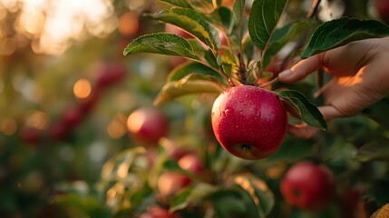 Fresh red apple with green leaves on tree branch in orchard during golden sunset hour, natural organic farming background with bokeh lights.