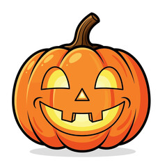 A cheerful, carved Halloween jack-o'-lantern with a glowing, happy face, perfect for spooky season decorations.