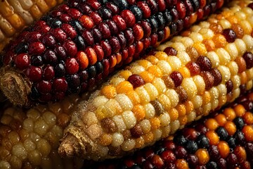 Colorful ornamental Indian corn cobs showing vibrant red, yellow, orange and black kernels in detailed macro photography, fresh harvest agricultural produce.