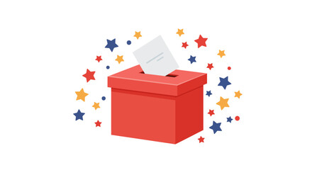 Red ballot box with a vote being cast, surrounded by stars.
