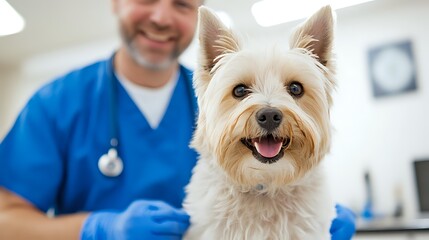 Happy Yorkshire Terrier at veterinary clinic during medical examination with vet in blue scrubs and protective gloves performing health check-up.