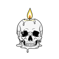 A stylized illustration of a human skull melting like a candle with a single burning flame on top.