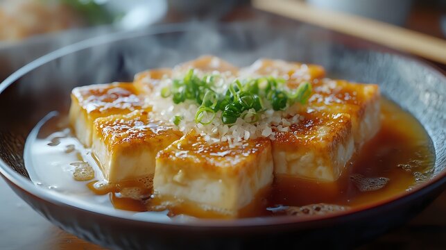 Steamed silken tofu in savory soy sauce garnished with fresh green onions and sesame seeds, served hot with rising steam in dark ceramic plate. - Powered by Adobe